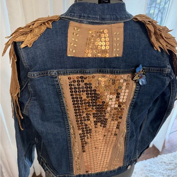 Embellished Denim Jean Jacket with Gold Accents - Picture 1 of 4